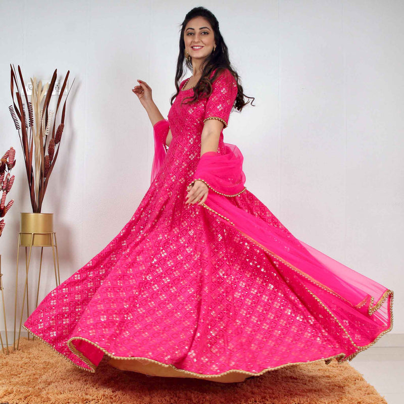 Pink raw silk embroidered semi stitched party-wear-gowns - HETAL PATEL -  1208139